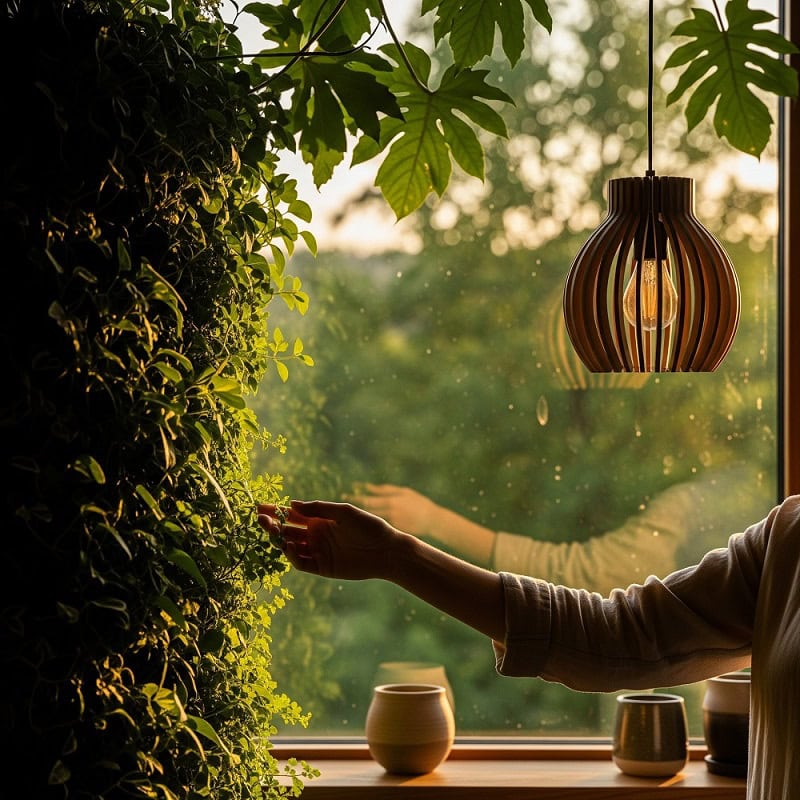 Mano tocando un jardín vertical en un interior biofílico con luz dorada