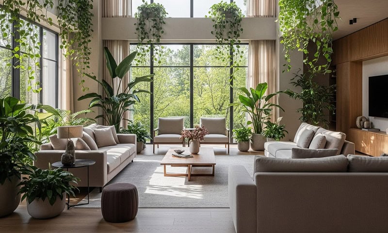 Amplio interior moderno con grandes ventanales, luz natural abundante y plantas frondosas que simbolizan el diseño biofílico y la conexión con la naturaleza