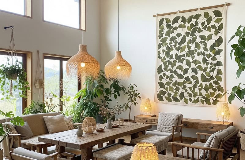 Amplio interior rústico-cozy con techos altos, muebles de madera, textiles naturales, lámparas de fibras, tapiz de ginkgo biloba y plantas verdes, representando diseño biofílico.