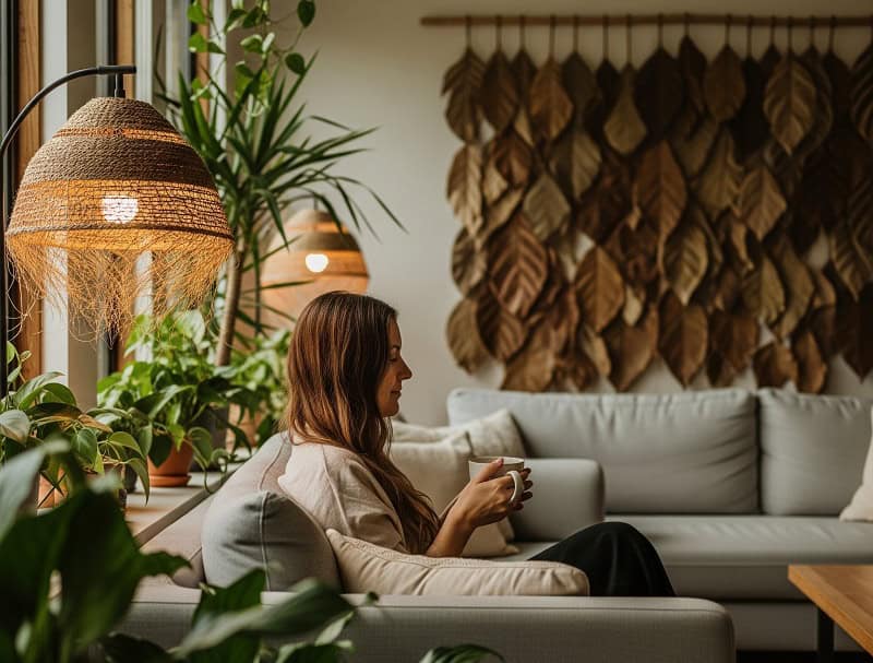 Mujer relajada de perfil con té en sofá, rodeada de plantas y materiales naturales en un amplio espacio biofílico con tapiz de hojas y lámpara de fibras.
