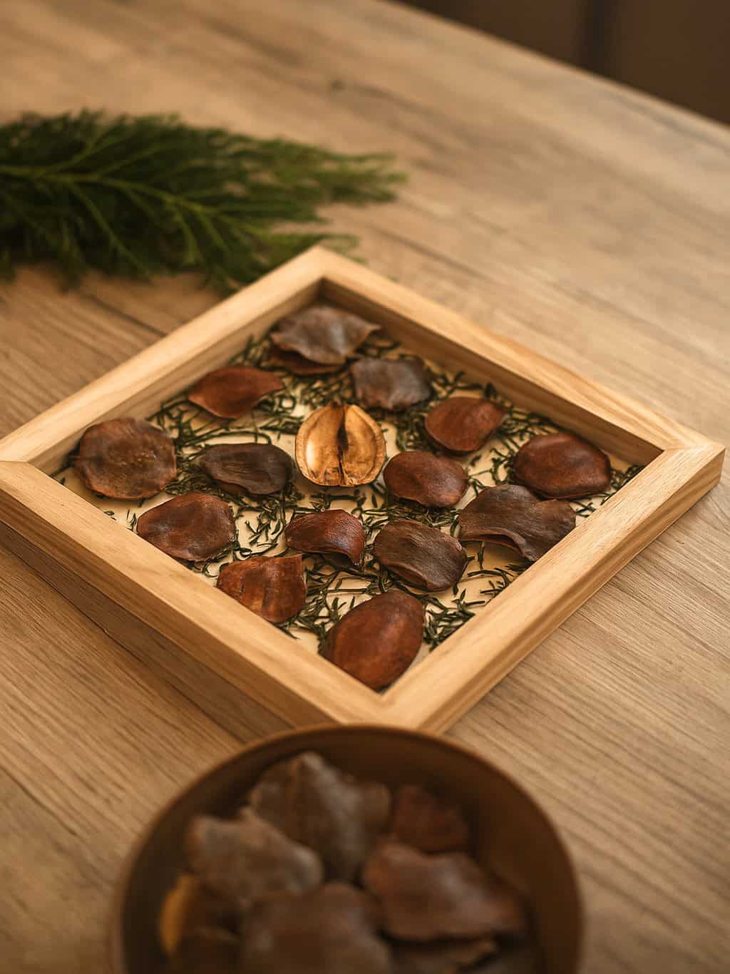 Semillas secas de jacarandá dispuestas sobre una mesa artesanal