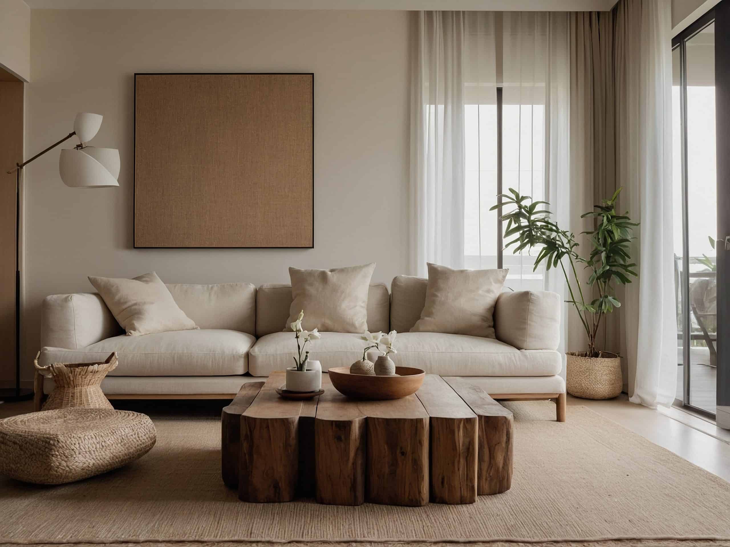 Salón sereno con luz cálida, fibras naturales y vegetación suave