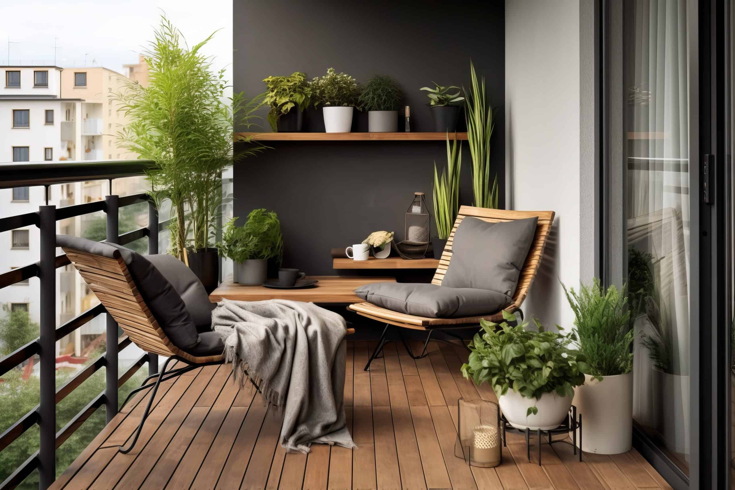 Balcón moderno decorado con plantas verdes, textiles suaves y mobiliario natural