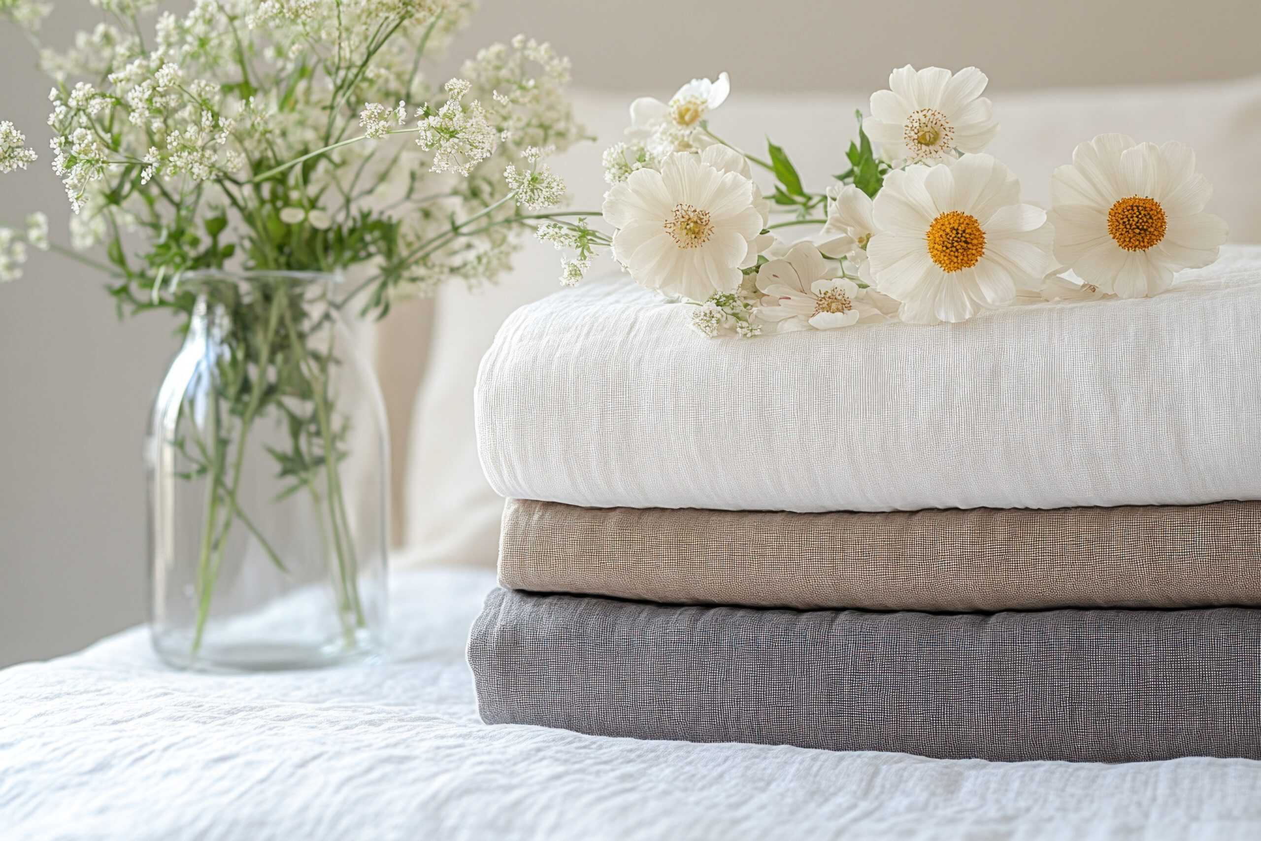 Flores blancas frescas junto a textiles de lino en tonos neutros