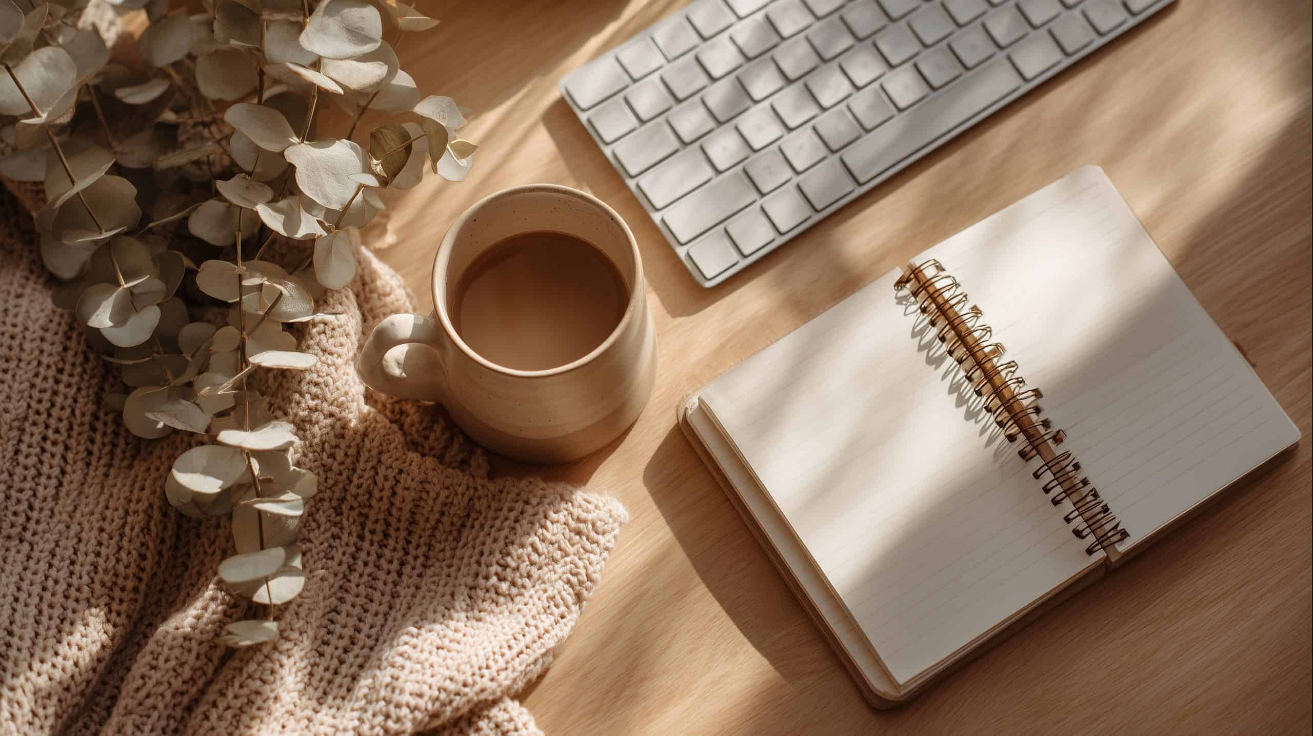 Rincón acogedor con taza de café, cuaderno y luz natural sobre mesa de madera