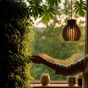 Mano tocando un jardín vertical en un interior biofílico con luz dorada