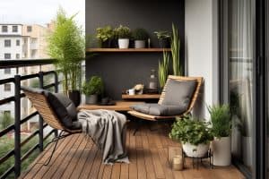 Balcón moderno decorado con plantas verdes, textiles suaves y mobiliario natural