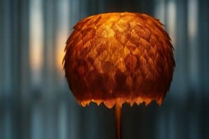 Lámpara artesanal de hojas secas preservadas que transforma imperfección en calma biofílica producto de la alquimia del diseño.